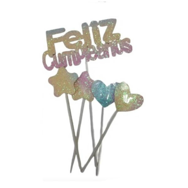 Imagen de Pincho Feliz Cumpleaños Brillantina con 4 Figuras