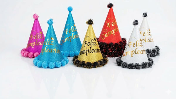 Imagen de Gorro Cono Infantil Feliz Cumple Pompones
