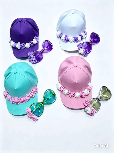 Imagen de Set Gorro Visera Tela y Lentes Metalizados con Flores